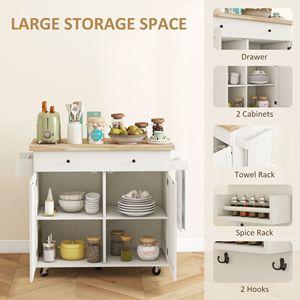 Carrello da Cucina Bianco Regolabile con Piano in Legno Massello, Cassetto e Ante, Isola Mobile per Colazione - Product Image 4