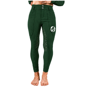 Leggings de equitación para mujer verde oscuro, de cintura alta, elásticos, con agarre completo de silicona, pantalones de competición para montar a caballo - Product Image 1
