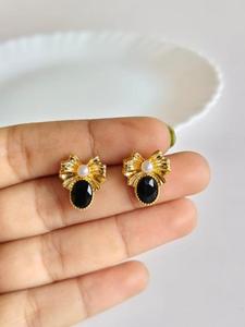 New Arrival Gold Plated Bow <b>Stud</b> Earrings with Black Teardrop Stone & Pearl Anti Tarnish Accent Wedding Daily Wear By Exima - Product Image 1