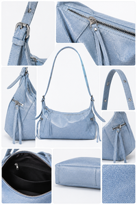 Sac à bandoulière hobo en PU bleu clair avec pompon et sangle unique pour femme, idéal pour le quotidien, les trajets et le shopping - Product Image 4