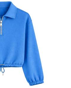 Sweat-shirt à capuche personnalisé bleu pour femme, coupe courte, avec fermeture éclair quart de tour, en molleton, décontracté, avec cordon de serrage à l'ourlet, en coton et polyester doux, pour l'hiver - Product Image 3