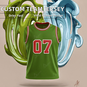 Maillot de basket sans manches vert avec numéro 07 rouge imprimé par sublimation, unisexe, coupe classique, col rond, débardeur pour adulte - Product Image 6