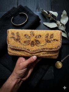 Hoorain Gem Handmade Beaded <b>Clutch</b> Rectangular Shape Flower Pattern <b>Gold</b> Color Party Use Luxury Feel - Product Image 2