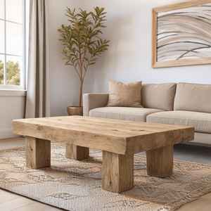 Mesa de Centro Moderna Minimalista de Madera Maciza con Tapa Gruesa, Patas Robustas y Acabado con Textura Natural Elegante - Product Image 4