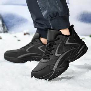 Botas de nieve para hombre con cordones, zapatillas de cuero a la moda, botas de invierno cálidas con forro de piel, zapatos casuales de algodón para exteriores - Product Image 4
