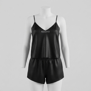 Ensemble de détente Reddito pour femme en satin de soie 100 %, sans manches, col en V, couleur unie, short, deux pièces, vêtements de nuit pour adulte, style printemps, élastique - Product Image 1