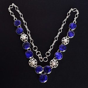 Collar de lujo con colgante de plata de ley 925 hecho a mano con piedras preciosas de corindón natural, topacio azul y zafiro para mujer, venta al por mayor. - Product Image 4