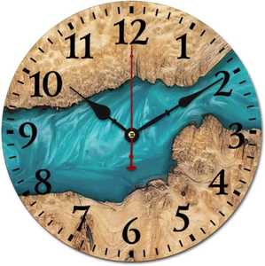 Horloge murale artisanale en résine époxy à triple tranche de bois, chiffres romains, ronde, silencieuse, turquoise, pour décoration d'hôtel de luxe - Product Image 4