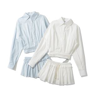 Summer <b>High</b> Waist Shirt & A-Line Skirt Set Custom Two Piece Sets Cotton Linen Beach Wholesale Blouses Top and Mini Skirt 2026 - Product Image 1