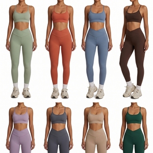 Pink Solid Short Spandex Two Piece Yoga Set <b>Scoop</b> Sports Bra Breathable High Waist Leggings Women Fitness Activewear - Product Image 6