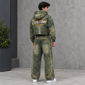 Custom Men's Vintage Acid Wash Tracksuit Rhinestone Chenille <b>Hoodie</b> Wide Leg Sweatpants Heavyweight Urban Fashion - Product Image 4