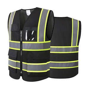 Chaleco de Seguridad Reflectante Negro Unisex de Poliéster, Ropa de Trabajo de Alta Visibilidad con Cierre de Cremallera, Múltiples Bolsillos y Espalda de Malla, Elite Vanguard - Product Image 1