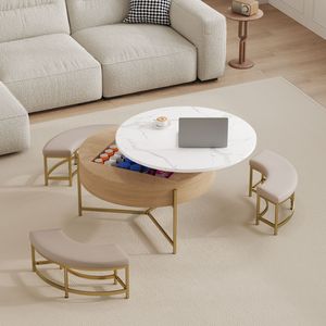 Modern <b>Round</b> Lift Top Coffee <b>Table</b> with Storage 3 <b>White</b> and Natural Ottoman <b>White</b> and Natural Color - Product Image 4