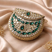 Sac à main ouvert en métal orné de pierres Kundan, de luxe, ethnique, fait main, pour mariages indiens, soirées et occasions spéciales, pochette d'épaule