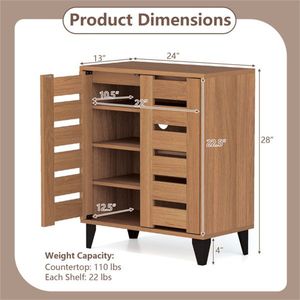 Scarpiera in Legno Naturale Stile Rustico da 60 cm, 4 Ripiani, 3 Livelli Regolabili con 2 Ante a Persiana - Product Image 5