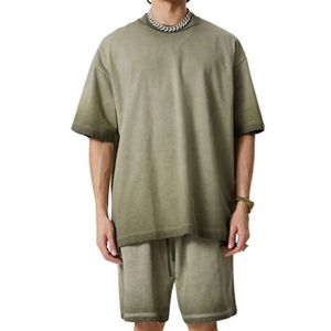 Sustainable Khaki Garment Dyed Acid Wash <b>Set</b> 280gsm Relaxed Fit Cotton Short <b>Set</b> Summer Co-ord Streetwear Fashion Outfit <b>Set</b> - Product Image 1