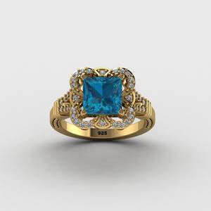 Magnifique bague de mariage pour femme en argent 925 rhodié, avec topaze bleue de Londres de 8 mm, quartz et halo de zircon cubique taille princesse, sertie à griffes, design de créateur - Product Image 1