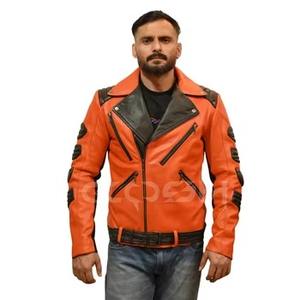 Chaqueta de Motociclista Estilo Punk Retro, Chaqueta Urbana de Cuero Naranja y Negro de Alta Visibilidad con Diseño de Armadura - Product Image 5