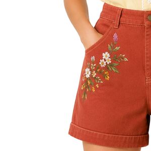 Custom Rust Red Floral Embroidered <b>Women</b> High Waist Denim Shorts Casual Summer Cotton Stretch <b>Jean</b> Shorts Custom Logo Apparel - Product Image 3