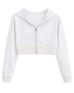 Sweat-shirt à capuche court zippé pour femme, personnalisé par le fabricant, blanc et en molleton de coton, color block, style streetwear décontracté - Product Image 1
