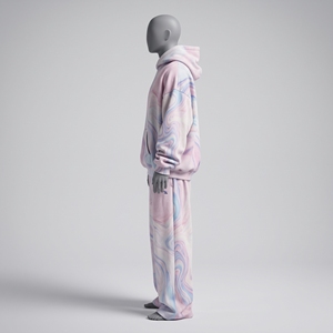 Conjunto de Sudadera y Pantalones Anchos con Estampado de Mármol Pastel para Hombre, Sudadera con Capucha Sublimada con Remolinos Rosa y Azul, Pantalones de Pierna Ancha con Estampado de Algodón de Azúcar, Texto Azul Marino - Product Image 3