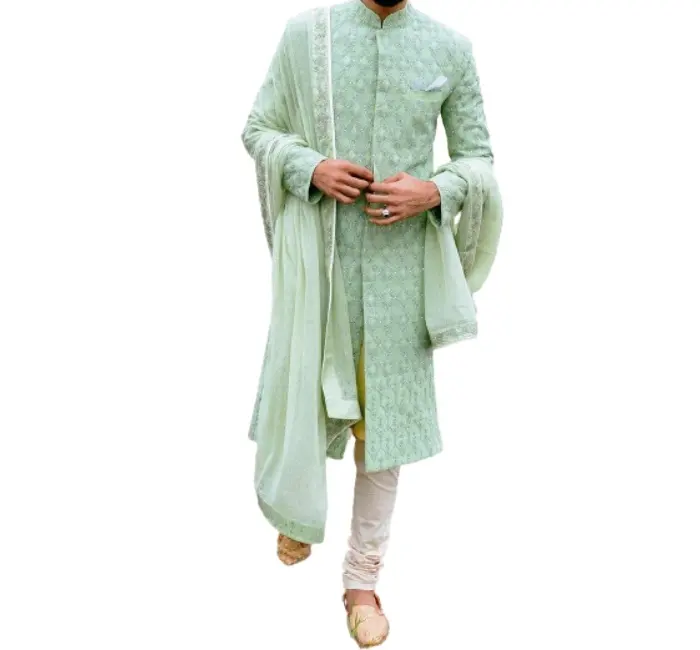 Men's Stylish Looking Ethnic Traditional Handcrafted Pure Fabric IndoWestern Sherwani Organic Green Color Men's Wedding Wear