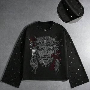 Camisetas de Hombre con Pedrería Extra Grande, Fabricadas a Medida, 250 Gramos, Mangas Largas, Transpirables, Color Negro - Product Image 3
