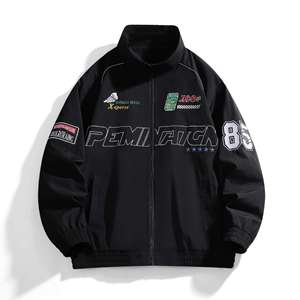 Chaqueta de Hip Hop Otoñal con Bordado, Cuello Alto, Cierre de Cremallera, Patrón de Letras, Estilo Urbano Moderno - Product Image 1