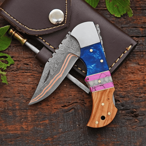 Cuchillo de bolsillo plegable UM STEEL hecho a mano y forjado en acero al carbono de 3 pulgadas, multiusos, con mango de madera natural ajustable y hoja pulida. - Product Image 4