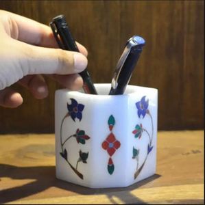 Handcrafted <b>White</b> Marble Inlay <b>Pen</b> Holder Pietra Dura Desk Organizer for Office & Home - Product Image 3