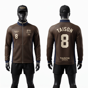 Unisex Rugby Training Jacket Premium 330 GSM <b>Fleece</b> Hooded Eco-Friendly Waterproof <b>Brown</b> Navy Contrast Panel Front Logo Custom - Product Image 1