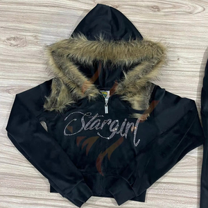 Women's Crop Top Velour Hoodie Custom Zip Up Women's Crop Velvet Fur Hoodie Custom <b>Zipper</b> And Rhinestones Logo - Product Image 1