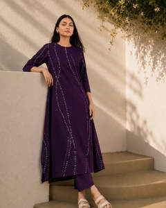 Purple O-Neck Maxi <b>Dress</b> With Three Quarter Sleeve Loose Fit Casual Daily Wear Hand Drawn Dot Pattern Woven <b>Viscose</b> Fabric - Product Image 3