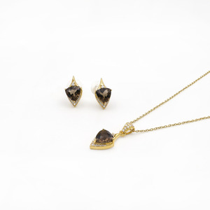 Ensemble de pendentif et de boucles d'oreilles en argent sterling 925 plaqué or avec quartz fumé naturel, bijoux fins OEM ODM de luxe - Product Image 3