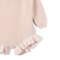 Romper rajutan bayi perempuan lucu, lengan panjang, kerah kru, bagian bawah berumbai, katun lembut, bernapas, tanpa jahitan, onesie musim dingin, bodysuit bayi