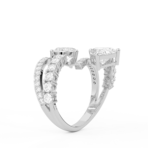 14K 18K Gold <b>Two</b> <b>Stone</b> Heart Cut Lab Grown Diamond Bypass <b>Ring</b> Contemporary Crossover Pave Accent Solitaire Engagement Band - Product Image 6