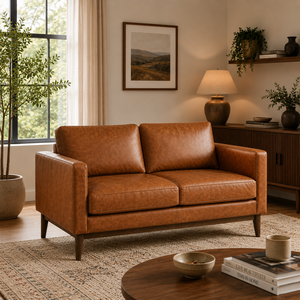 Sofá de Cuero Genuino de Primera Calidad, 2 Plazas, Estilo Moderno de Mediados de Siglo, con Estructura de Madera Sólida, Sofá de Cuero Cómodo para Sala de Estar - Product Image 1