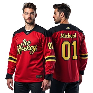Ice Hockey Jersey Men's Red Black V-Neck Full Sleeve Sublimated Print Moisture Wicking Polyester Sport Apparel - Product Image 1