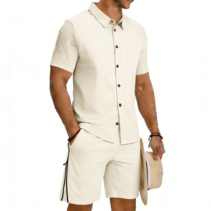 Men's White Cotton Short Sleeve <b>Shirt</b> And Shorts Set Casual Summer Outfit Breathable Woven Solid <b>Color</b> Two Piece Suit - Product Image 3