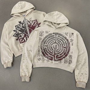Unisex Cropped Hooded Zipper Sweatshirt Printed Tree Pattern Oversized Fit Casual Style Autumn Wear 100 Cotton Knitted Fabric - Product Image 4