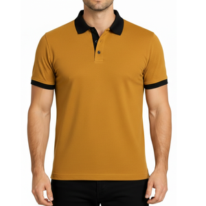 เสื้อโปโลผู้ชายสีเหลืองมัสตาร์ดปักโลโก้ตามสั่ง คอปกสีดำตัดกัน ทรงเข้ารูป แขนสั้น สำหรับกอล์ฟ ขายส่ง - Product Image 1