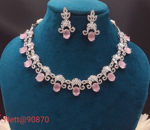 Romantic Silver Plated Alloy Necklace and Earring <b>Set</b> with Pink Crystal Rhinestones Flower Design <b>for</b> Women <b>Wedding</b> Jewelry - Product Image 2