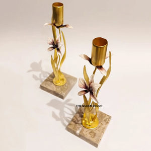 Elegant Table Centerpiece for Home & Dining Luxury <b>Brass</b> Floral Candle <b>Holder</b> Gold Plated Metal Flower Taper <b>Candlestick</b> - Product Image 1