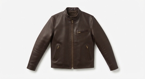 Veste en cuir véritable marron respirante pour homme, style motard, zippée, col montant, coupe ajustée, en cuir de vachette, pour l'automne - Product Image 1
