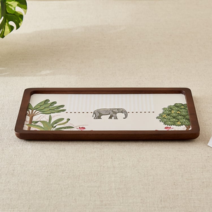 Rectangular Wooden <b>Decorative</b> Tray With <b>Elephant</b> And Plant Pattern Bohemian Style Animal Print Design - Product Image 4