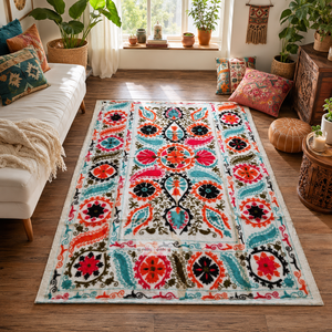Couvre-lit en coton Suzani fait main de qualité supérieure, ivoire, multicolore, broderie florale paisley, style bohème, décoration ethnique indienne pour la maison - Product Image 3