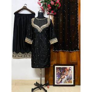 Conjunto de Fiesta de Diseñador con Top y Pantalón y Dupatta, Manga Tres Cuartos - Product Image 1