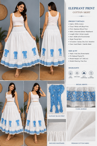Jupe longue en coton imprimée à la main de Jaipur, taille smockée, volants, style bohème décontracté, imprimé éléphant, vente en gros - Product Image 5