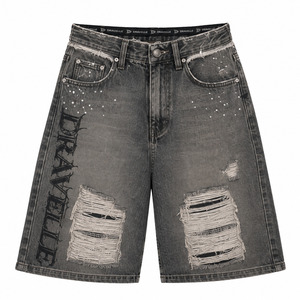 Dirty Grey Double Waist Denim Jorts <b>Men</b> / <b>Mens</b> Oversized Y2K Streetwear <b>Shorts</b> Frayed <b>Patch</b> Details Low MOQ Wholesale - Product Image 2