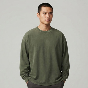 T-shirt à manches longues pour homme, effet délavé, coton épais, coupe ample, col rond, style streetwear vintage - Product Image 1